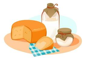 Dairy products set. Milk and and cheese on the kitchen table. Organic homemade food. Cartoon vector illustration