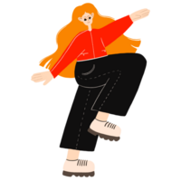 A young girl with long red hair is dancing. Flat minimalistic illustration for March 8th. hand-drawn picture png