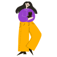 A young girl with long black hair is holding a cat. Flat minimalistic illustration. hand-drawn picture png