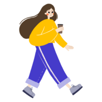 uma jovem menina com grandes cabelo bebidas café e anda em. plano minimalista ilustração. desenhado à mão cenário png