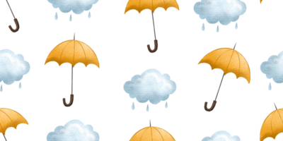 Seamless pattern with umbrellas and thunderclouds. It's raining. Weather pattern. Hand drawn Design for textiles, children's room and children's clothing png