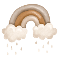 Childish rainbow with rainy clouds. Weather. Hand drawn illustration png