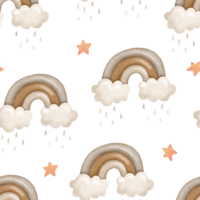 Endless pattern with rainy weather, clouds with rainbow. Boho brown colors background. Pattern with sky, clouds and stars. Seamless design png