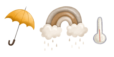 Wetter Vorhersage. Clip Art mit ein Gelb Regenschirm, ein Thermometer und ein Regenbogen mit Gewitterwolken. Boho isoliert Illustration png