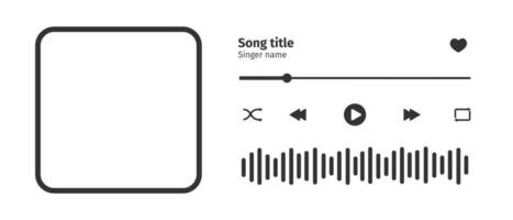 Audio player interface design element with song photo frame, buttons, loading bar and sound wave. Horizontal arrangement vector