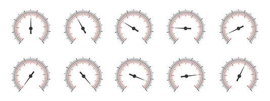 Set of round measuring scales with rotating arrows. 360 degree templates of pressure meter, manometer, barometer, compass, navigation or meteorological tool vector