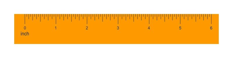 6 inches orange plastic or wooden ruler isolated on white background. Math or geometric tool for distance, height or length measurement with markup and numbers vector