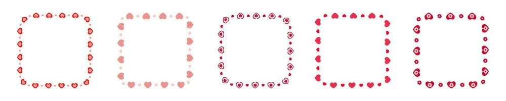 Set of square frames with hearts and flowers. Collection of templates for Valentine day card, wedding invitation, photo, picture, banner, stickers vector