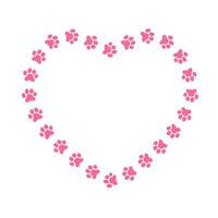 Heart shaped frame with cat or dog paw footprints. Cute template for greeting or invitation card, pet photo or picture, web banner vector