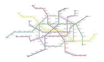 Metro map with many colored way lines and stations. Subway scheme template. Infographic plan of public rapid underground transport network vector