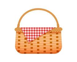 Empty wicker picnic basket with checkered cloth napkin. Hand woven willow hamper vector