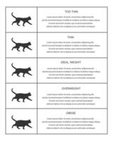 Cat weight chart in infographic table. Kitties silhouettes with normal and abnormal body condition. Thin, ideal, overweight and obese feline domestic pets vector