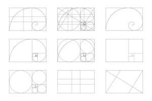 Golden ratio template set. Fibonacci sequence signs. Logarithmic spiral in rectangle frame fracted on lines, squares and circles. Ideal symmetry proportions layout vector