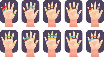 Educational cards for children. Neurohymnastics for hands and fingers, playing with elastic bands, do it by example. Vector educational art of exercises for the development of fine motor skills