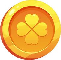 Vector illustration of gold coin with four leaf clover. Symbol of luck and wealth