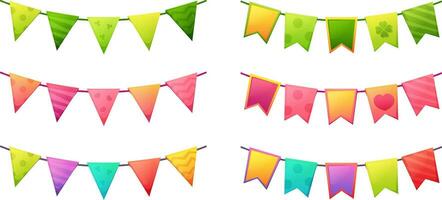 Set of festive garlands of flags in green, pink and multicolored. Vector illustration of hanging flags. Holiday, birthday, festival