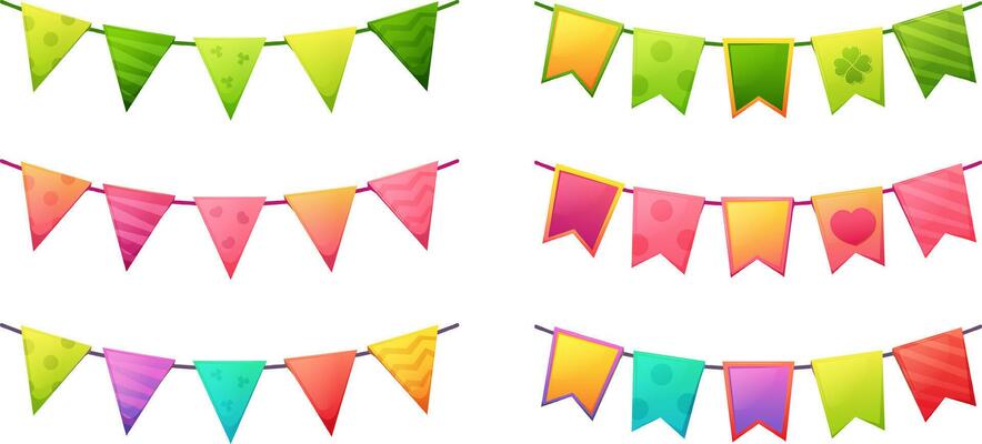 Set of festive garlands of flags in green, pink and multicolored. Vector illustration of hanging flags. Holiday, birthday, festival