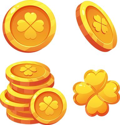 Vector illustration of gold coin and  four leaf clover. Front view, side view, pile of coins, golden clover