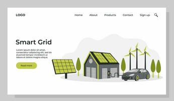 Green energy. Smart grid. Renewable. House with windmills and solar energy panels, electric car near charging station. Template for landing page. vector