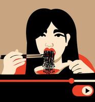 Mukbang. Young asian woman eating enoki mushrooms and making video vector