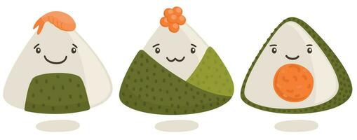 Cute onigiri set. Traditional Japanese dish of rice wrapped in nori with filling vector