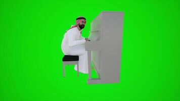 3d verde tela a árabe músico jogando a piano dentro dubai cafés a partir de lado ângulo video
