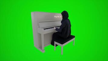 3d green screen an Arab female dress designer playing the piano in Dubai restaurants from three angles video