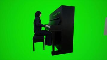 3d verde pantalla un árabe hembra vestir diseñador jugando el piano en dubai restaurantes desde lado ángulo video