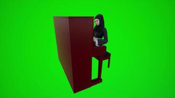 3d verde schermo un arabo femmina musicista giocando il pianoforte nel il sale di dubai a partire dal tre angoli video