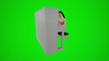 3d verde tela bikini garçonete jogando a piano dentro europeu bares a partir de três ângulos video