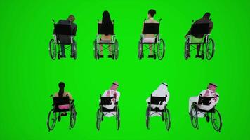 3d Grün Bildschirm Frauen im Bikinis und arabisch Männer im Rollstühle Sitzung bewegungslos im Rollstühle auf das Straße von das zurück Winkel video