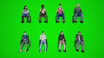 3d verde pantalla silla de ruedas los ciudadanos sentado inmóvil en el calle desde el opuesto ángulo video