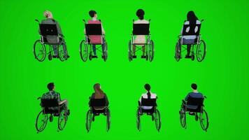 3d green screen ladies and gentlemen in wheelchairs sitting motionless on the street from the back angle video