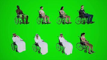 3d verde tela mulheres dentro biquínis e árabe homens dentro cadeiras de rodas sentado imóvel em a rua a partir de três ângulos video