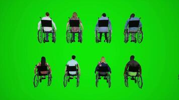 3d verde schermo sedia a rotelle cittadini di Africa America Asia Europa seduta su sedia a rotelle in movimento giù il strada a partire dal il indietro angolo video