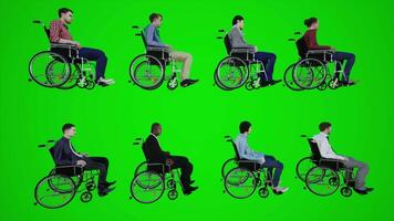 3d green screen European wheelchair men sitting motionless on the street from side angle video