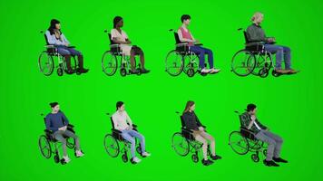 3d green screen ladies and gentlemen in wheelchairs sitting motionless on the street from three cornered angle video