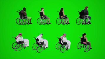 3d Grün Bildschirm Frauen im Bikinis und arabisch Männer im Rollstühle Sitzung bewegungslos auf das Straße von drei Winkel video