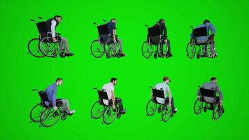 3d green screen wheelchair citizens of Africa America Asia Europe sitting on wheelchair moving down the street from three cornered angle video