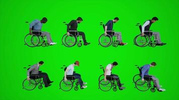 3d green screen wheelchair citizens of Africa America Asia Europe sitting in wheelchair moving down the street from side angle video