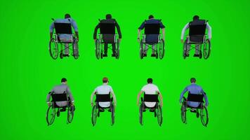 3d vert écran fauteuil roulant citoyens de Afrique Amérique Asie L'Europe  séance sur fauteuil roulant en mouvement vers le bas le rue de le retour angle video