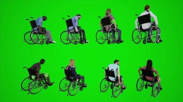 3d green screen wheelchair citizens of Africa America Asia Europe sitting on wheelchair moving down the street from three cornered angle video