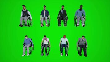 3d vert écran fauteuil roulant citoyens de Afrique Amérique Asie L'Europe  séance dans fauteuil roulant en mouvement vers le bas le rue de le de face angle video