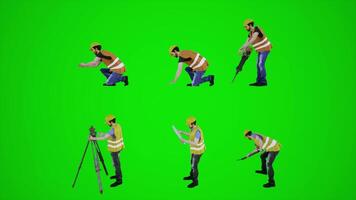 3d green screen construction workers measuring hammering taking pictures and filming house plan digging the ground with shovel from side angle video