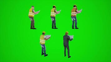 3d green screen construction workers reading map from three cornered angle video