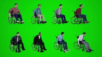 3d green screen wheelchair citizens of Africa America Asia Europe sitting on wheelchair moving down the street from three cornered angle video