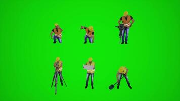 3d green screen construction workers measuring pounding with hammer taking pictures and filming house plan digging the ground with shovel from the front angle video