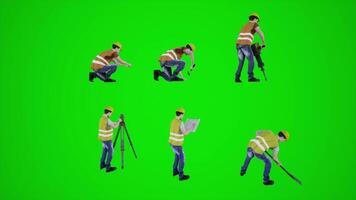 3d green screen construction workers measuring pounding with hammer taking photos and filming house plan digging the ground with shovel from three cornered angle video