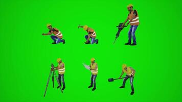 3d green screen construction workers measuring pounding with hammer taking photos and filming house plan digging the ground with shovel from three cornered angle video