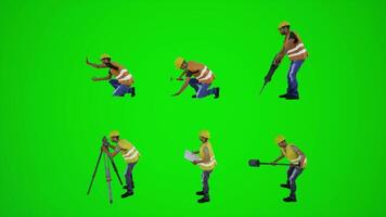 3d green screen construction workers measuring hammering taking pictures and filming house plan digging the ground with shovel from side angle video